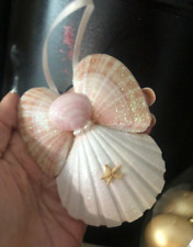 Vtg Unused XMAS ORNAMENT Porcelain ANGEL SHELL Pink Wings Starfish PEARLS 1 picture