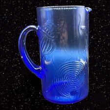 Vintage COBALT BLUE GLASS PITCHER SEASHELL PATTERN Starfish Glass Carafe 8.5”T picture