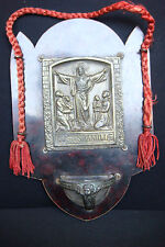 KEEPER OF THE FAMILY ANTIQUE BRASS ON WOOD HANGING HOLY WATER FONT ICON picture