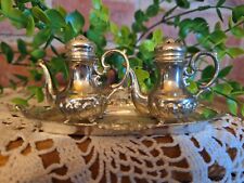 Vintg Mini Silver Plate Salt & Pepper shakers with underplate MCM, Cottage Core, picture
