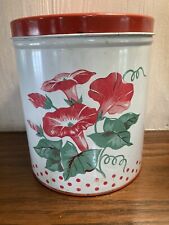 Vintage Red Morning Glory Metal  Round Tin Kitchen Canister MCM Retro Deco picture
