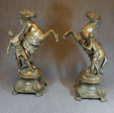 TWO RARE VINTAGE SPELTER SCULPTURES, MARLEY HORSES, & GROOMS ON PEDISTALS picture