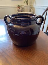 Antique  Bean Pot Clay Crock w/ 2 Handle Dark Brown 6” Tall 8” Wide Made In USA picture