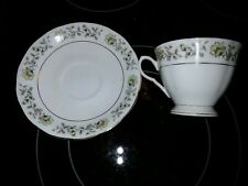 VINTAGE TEA CUP & SAUCER SET WHITE WITH GREENS & GOLD TRIM MADE IN CHINA W/ MARK picture