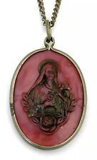 VINTAGE Silver Carved Pink Resin VIRGIN MARY Pendant Necklace picture