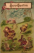 1907 Rabbits Chicks Countryside EASTER GREETING Embossed Gold Foil Postcard picture