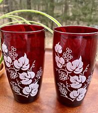 Anchor Hocking Ruby Red Drinking Glasses Vintage (2) White Grape Leaf Design picture
