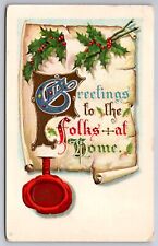 eStampsNet - New Year Holly Greetings 1915 Postcard  picture