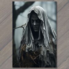 POSTCARD Eerie Woods hooded woman blank face lurking mysteriously shadows 🌲👤🍃 picture