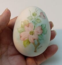 Vintage Hand Painted Porcelain Bisque Egg PINK DOGWOOD FLOWER SIGNED BUSH  2.75