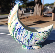 Vintage MCM Crescent Moon Ceramic Vase Planter Swirl Marbleized Glaze picture