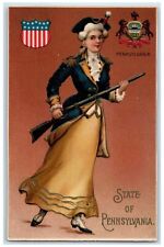 c1910's State Of Pennsylvania PA Woman With Gun Embossed Antique Postcard picture