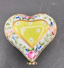 Limoges Eximious Lime Green Floral Heart Peint Main Porcelain Ring Trinket Box picture