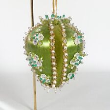 Vintage Handmade Satin Christmas Ornament Pearl Beaded Beads Green Gold picture