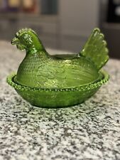 Vintage Indiana Glass Avocado Green Hen on Nest Beaded Candy Trinket Lidded Dish picture