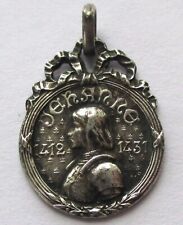 VINTAGE ANTIQUE FRENCH JOAN OF ARC RELIGIOUS MEDAL CHARM Signed GD SILVER PLATED picture