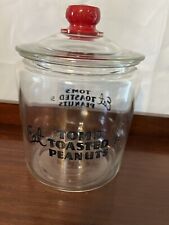 Vintage Counter Top Eat Tom's Toasted Peanuts Glass Jar 5 Cents Embossed Red Lid picture