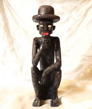 Vintage African Wooden Statue of Man Sitting Wearing Hat, Egyptian Handmade Rare picture