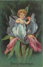 c1910 Embossed Fantasy Greetings Postcard 164. Baby Cupid w/Heart in Iris Flower picture