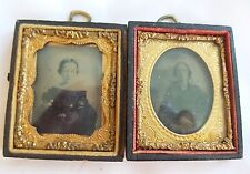 TWO ANTIQUE TINTYPE PHOTOGRAPS SET IN GOLD IN LEATHER & WOOD CASE picture