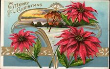 Postcard c1910 Merry Christmas Embossed Poinsettias Snow Country Scene picture