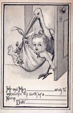 Stork And Baby At The Door Birth Announcement Postcard picture