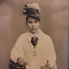 Old Antique Tintype Photo of Beautiful Young Woman with Hat Holding Parasol picture