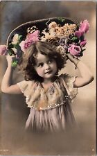Hand Colored RP Postcard Little Girl Holding Basket of Flowers Overhead~3912 picture