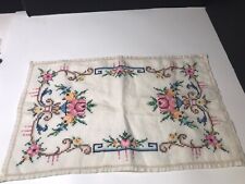 Vintage Pink Cabbage Rose  Floral Cross Stitch Table  Doily Small 15.5 X 9.5 Apx picture