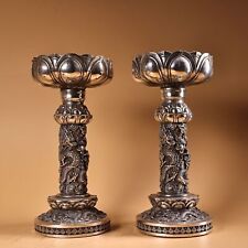 bronze silver plating engraving fortune wealth dragon lotus a pair candle stick picture