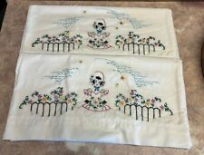 VINTAGE PAIR OF HAND EMBROIDERED PILLOW CASESS LITTLE BO PEEP ? COTTON 17X37 IN picture