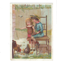 c1880s Cute Boy Girl Children Rooster Hens Chicks Victorian Trade Card VTC picture