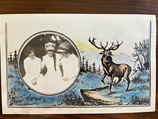 Antique RPPC Three Women Inset into Forest Scene with Elk Photo Postcard picture