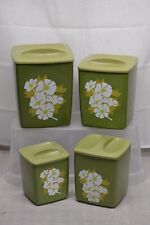 MID CENTURY MODERN GREEN PLASTIC 4 PC CANISTER SET MCM W/ FLOWER DESIGN picture
