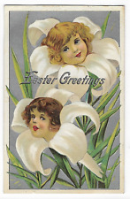 Antique Art Nouveau Easter postcard 1909s Children head in Flower White lily picture