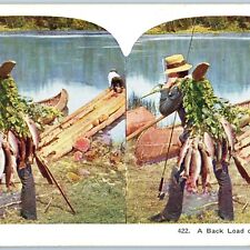 c1900s Man Fisherman w/ Fish Trout Catch Canoe Stereoview Fishing Poles V37 picture