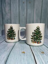 Lot of 2 Vintage Badcock Furnishing Center Christmas Tree Mugs Ceramic Tea Cups picture