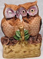 Owl Figurine Statue Couple Sleep Awake Cute 1960s Ceramic Japan Vintage picture