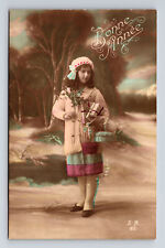 c1915 RPPC French Girl Bonne Annee Gifts Flower Bouquet Hand Tinted Postcard picture