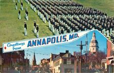 Annapolis Maryland Banner Greeting - Navel Academy, State House Vintage Postcard picture