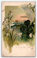 c1900's Merry Christmas And Happy New Year White Flowers River Moon Postcard picture