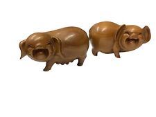Vintage Chinese Hand Carved Wood Happy Pigs Figurines Set Male Female Good Luck picture