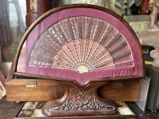 Antique French Sequins Embroidered  Fan In Intricately Carved Wood Base picture