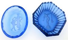 2 PC CZECH ART GLASS INTAGLIO SALT DIP BLUE W/ MOTHER CHILD & HAMMER THROW #T48 picture