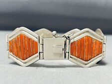 JAW DROPPING VINTAGE NAVAJO CORAL INLAY STERLING SILVER CHANNEL BRACELET picture
