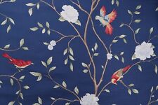 4 Drapes Vern Yip Delicate Red Songbirds on Sapphire Blue Linen/Cotton Blue picture