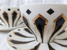 Set Of 2 Meritage Black And White Teacups And Saucer With Gold Trim Art Deco picture