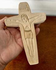 Vintage Carved Wooden Cross Small Crucifix w/ Jesus Carving Light Wood Cross picture