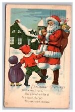 Postcard Christmas Santa Claus Red Coat Gifts and Children Snowy picture