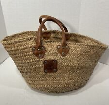 Vtg Classic Woven Straw French Market Basket-Leather Double Handles- 20x12x11” picture
